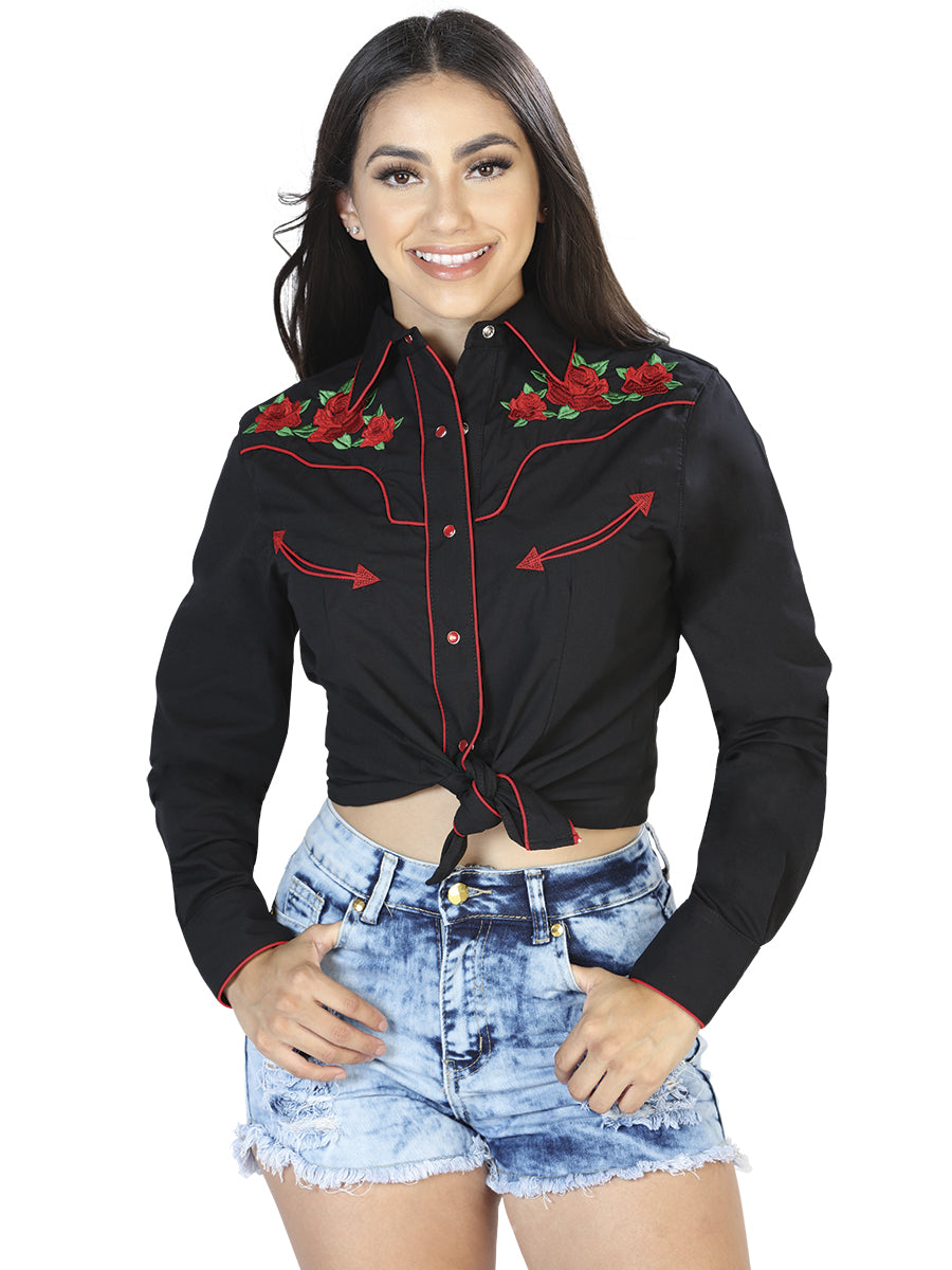 Women’s Black Floral Embroidered Long Sleeve Western Shirt 'El Señor de los Cielos' 42961