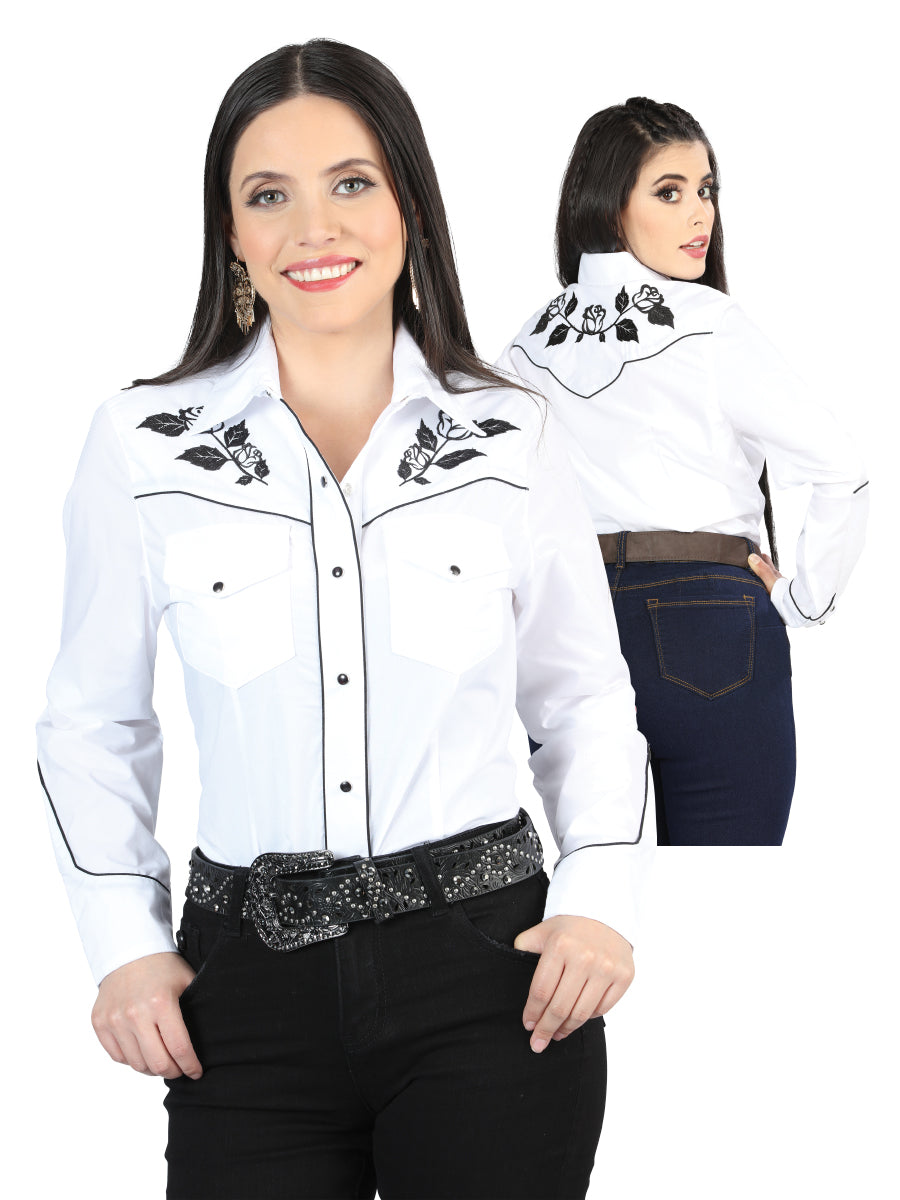 Women’s White Floral Embroidered Long Sleeve Western Shirt 'El Señor de los Cielos' 42970
