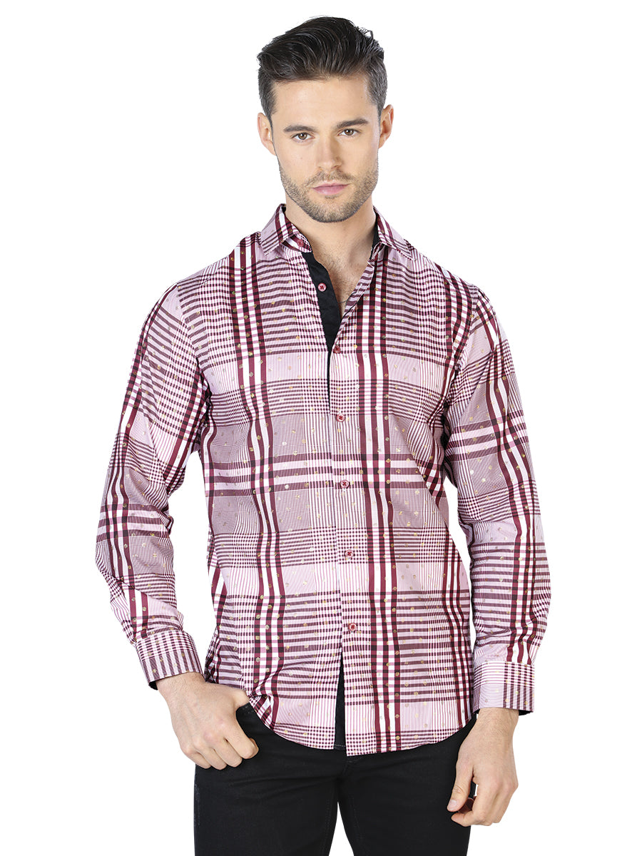 Men's Wine/White Printed Long Sleeve Western Shirt 'El Señor de los Cielos'44017
