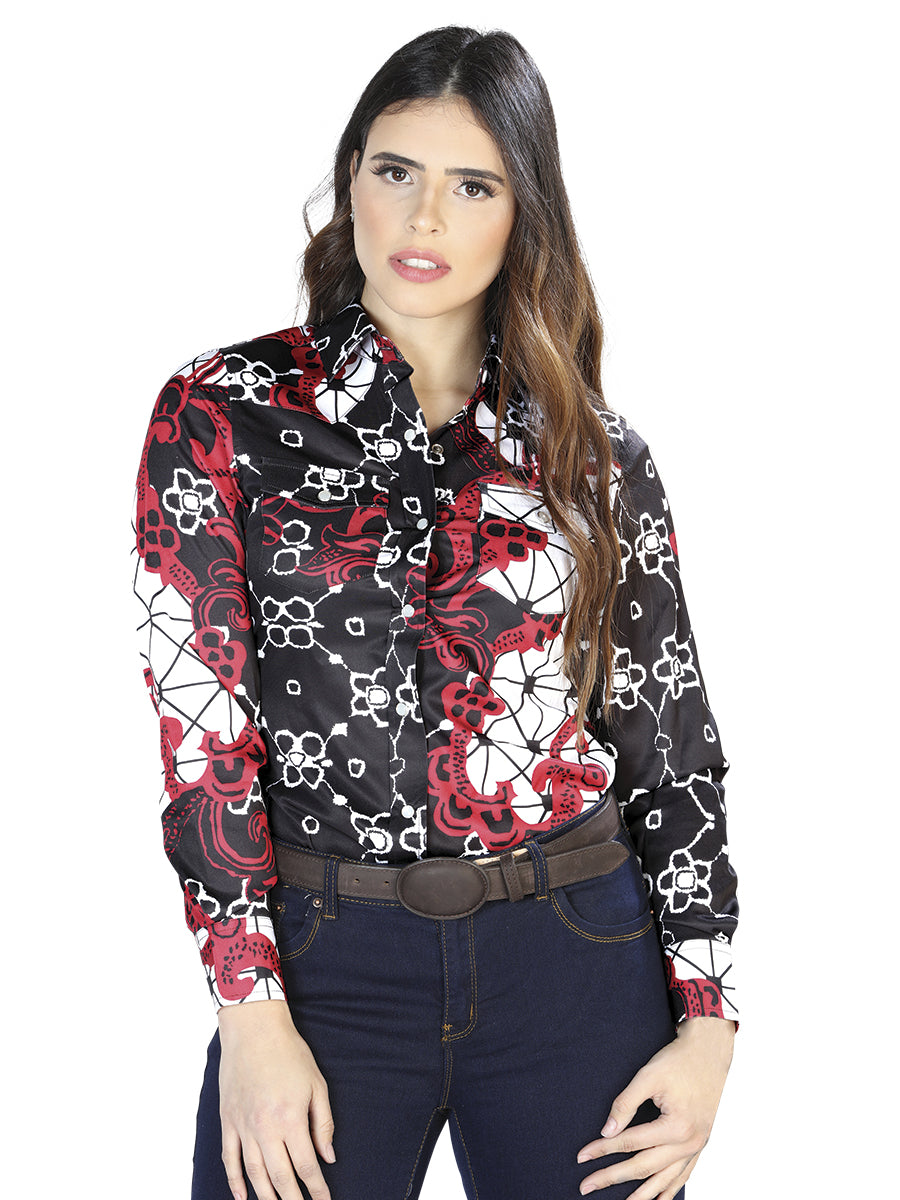 Women's Burgundy/Black Floral Print Long Sleeve Shirt 'El Señor de los Cielos' 44078