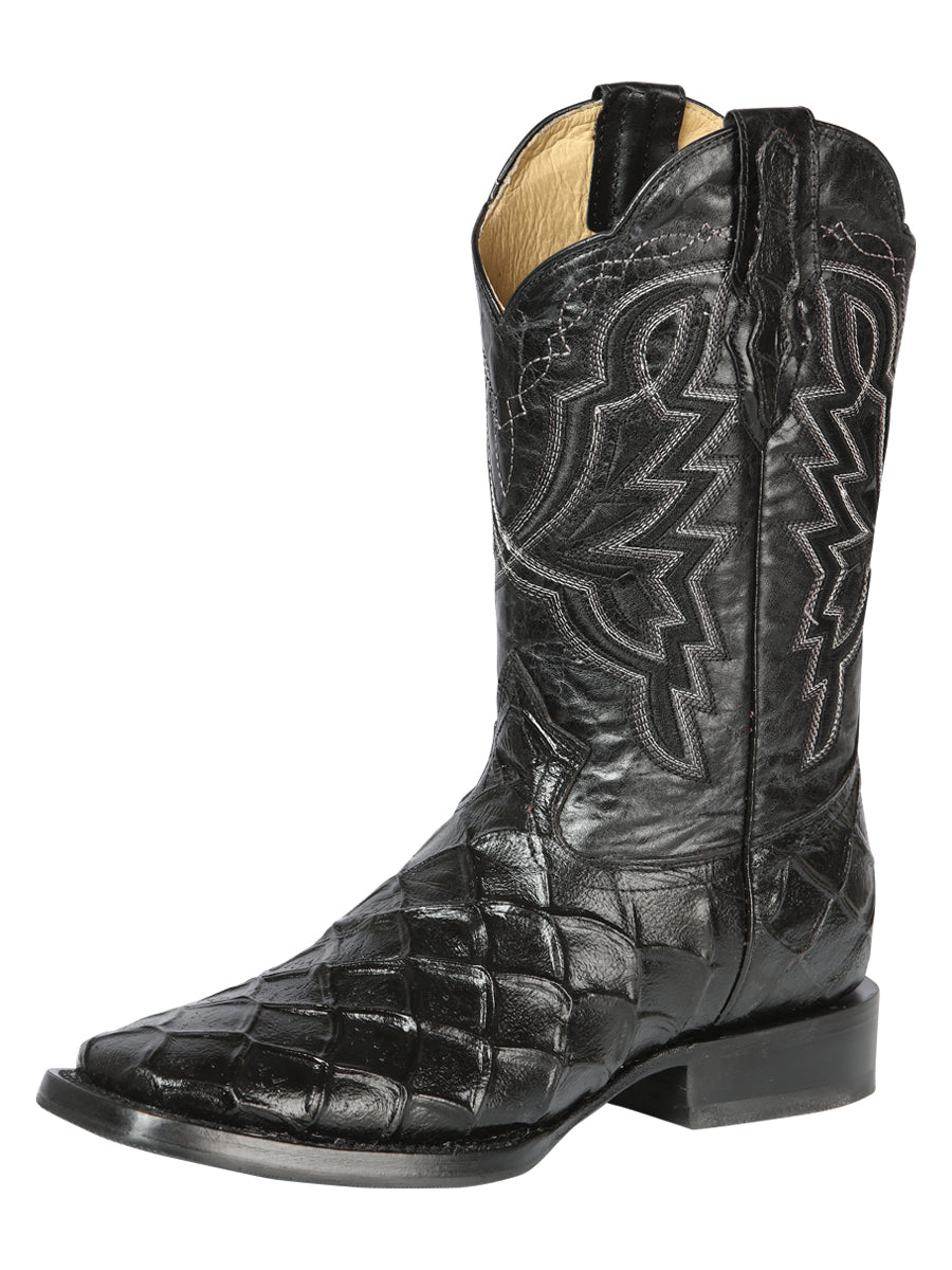 Men's Rodeo Cowboy Boots Imit. Pirarucu Monster Fish Engraved 'El General' Black 44663