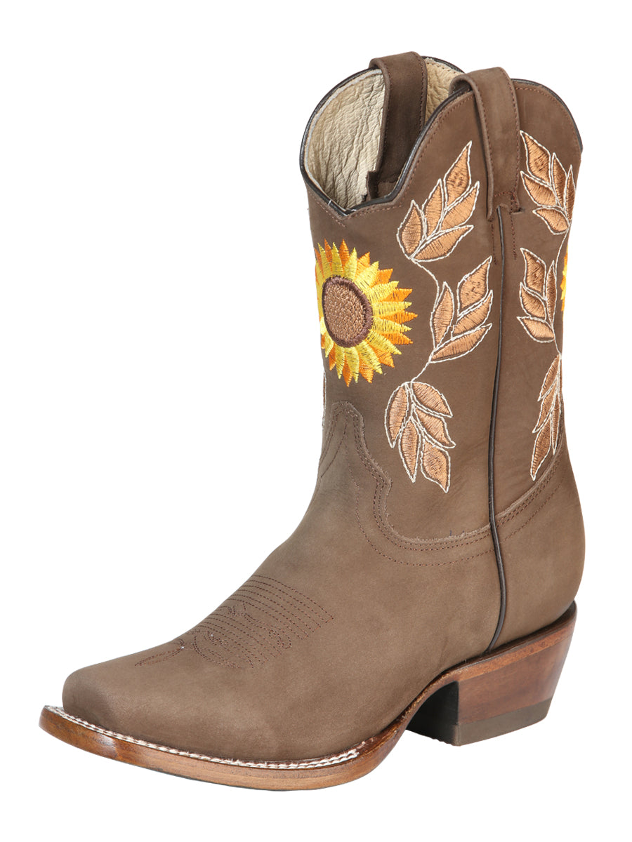 Women’s Nubuck Leather Flower Embroidered Rodeo Cowgirl Boots 'El General' 51164