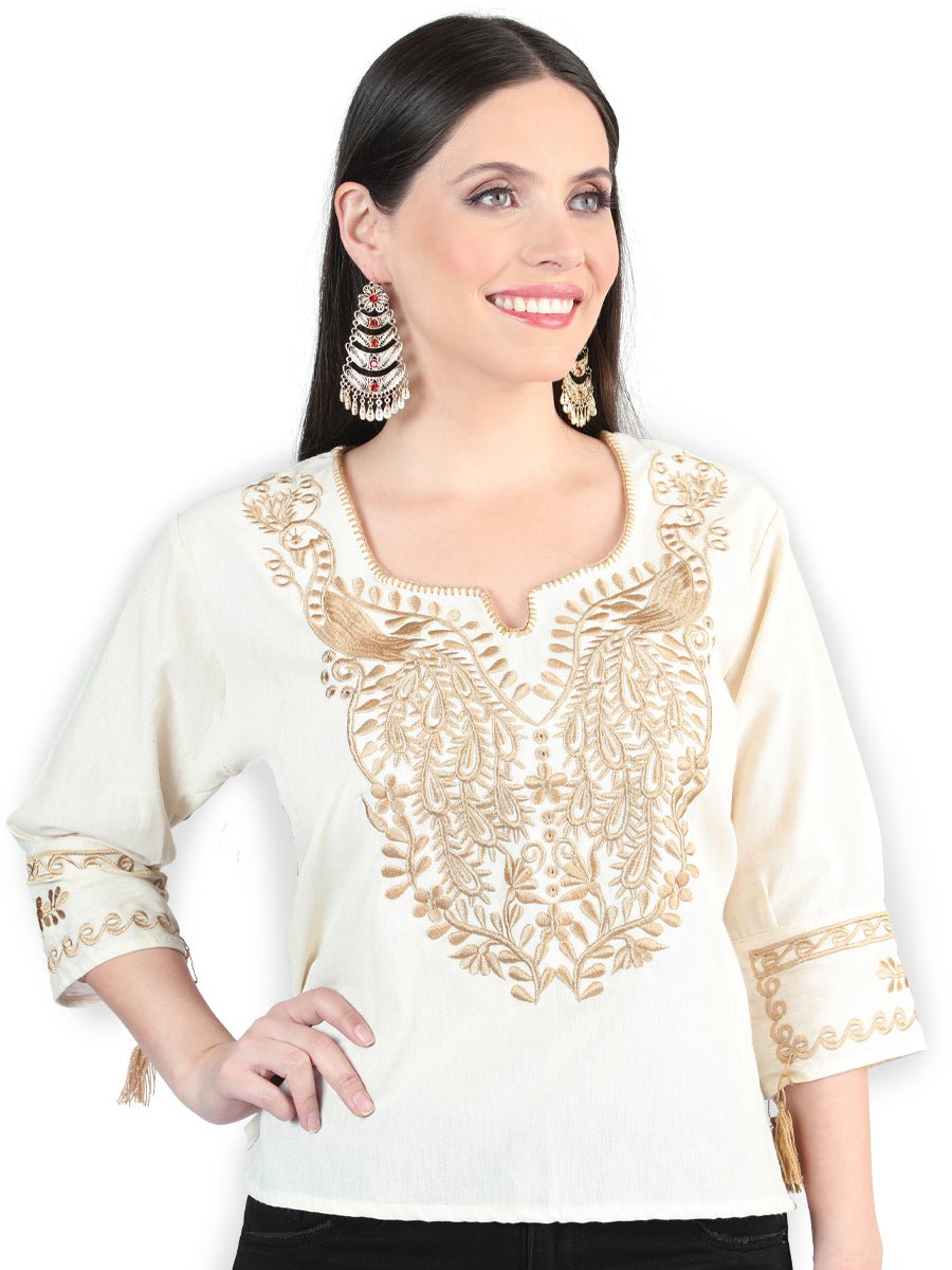 Artisanal Embroidered Blouse 100% Cotton Beige 603961 - BELLEZA'S - Artisanal Embroidered Blouse 100% Cotton Beige 603961 - DAMA - 60396101