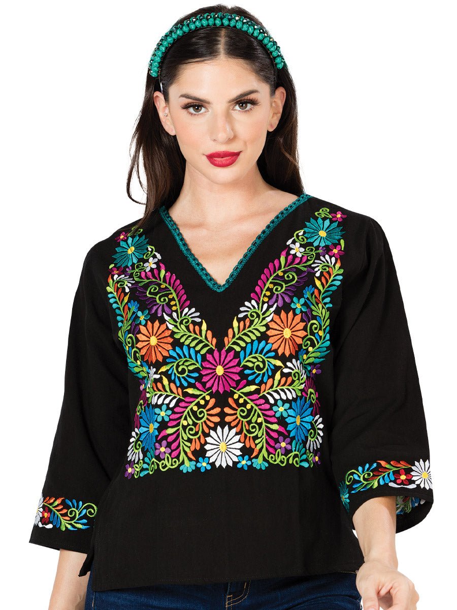 Artisanal Embroidered Blouse 100% Cotton Black 603054 - BELLEZA'S - Artisanal Embroidered Blouse 100% Cotton Black 603054 - DAMA - 60305401