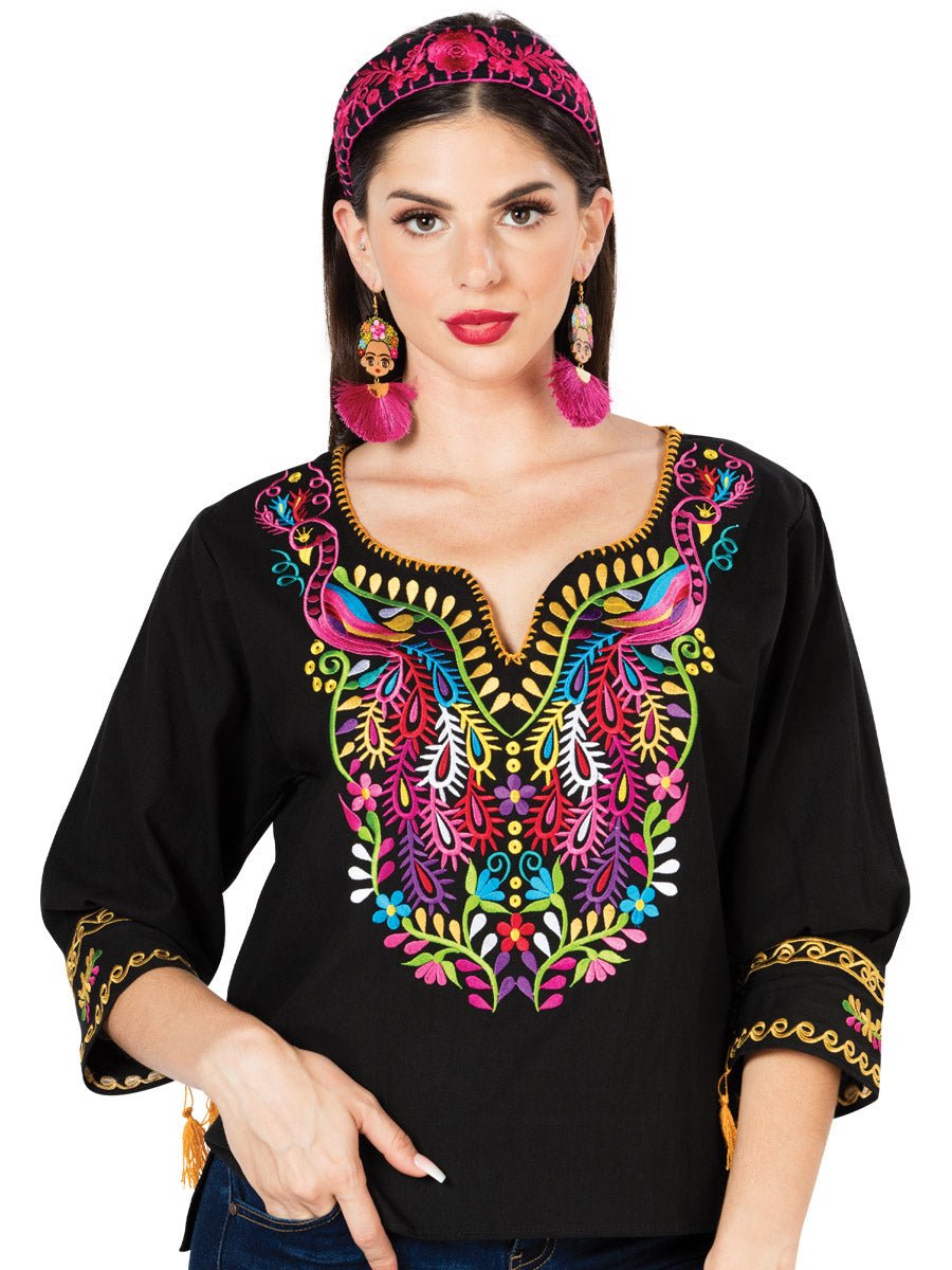 Artisanal Embroidered Blouse 100% Cotton Black 603179 - BELLEZA'S - Artisanal Embroidered Blouse 100% Cotton Black 603179 - DAMA - 60317901