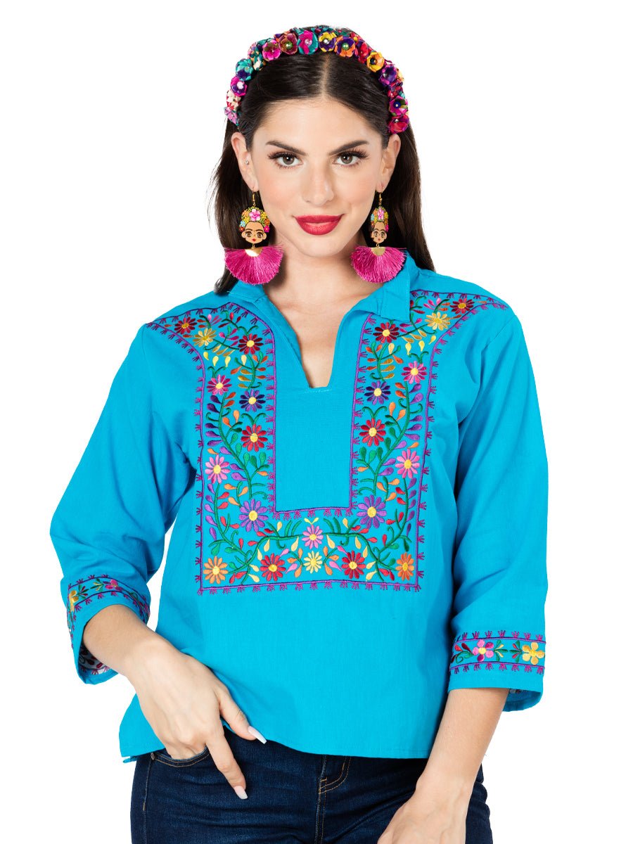 Artisanal Embroidered Blouse 100% Cotton Blue 603061 - BELLEZA'S - Artisanal Embroidered Blouse 100% Cotton Blue 603061 - DAMA - 60306101