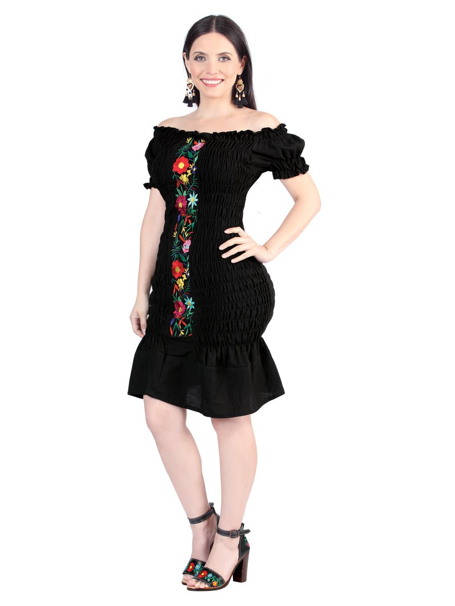 Artisanal Embroidered Dress 100% Cotton Black 604007 - BELLEZA'S - Artisanal Embroidered Dress 100% Cotton Black 604007 - DAMA - 60400701
