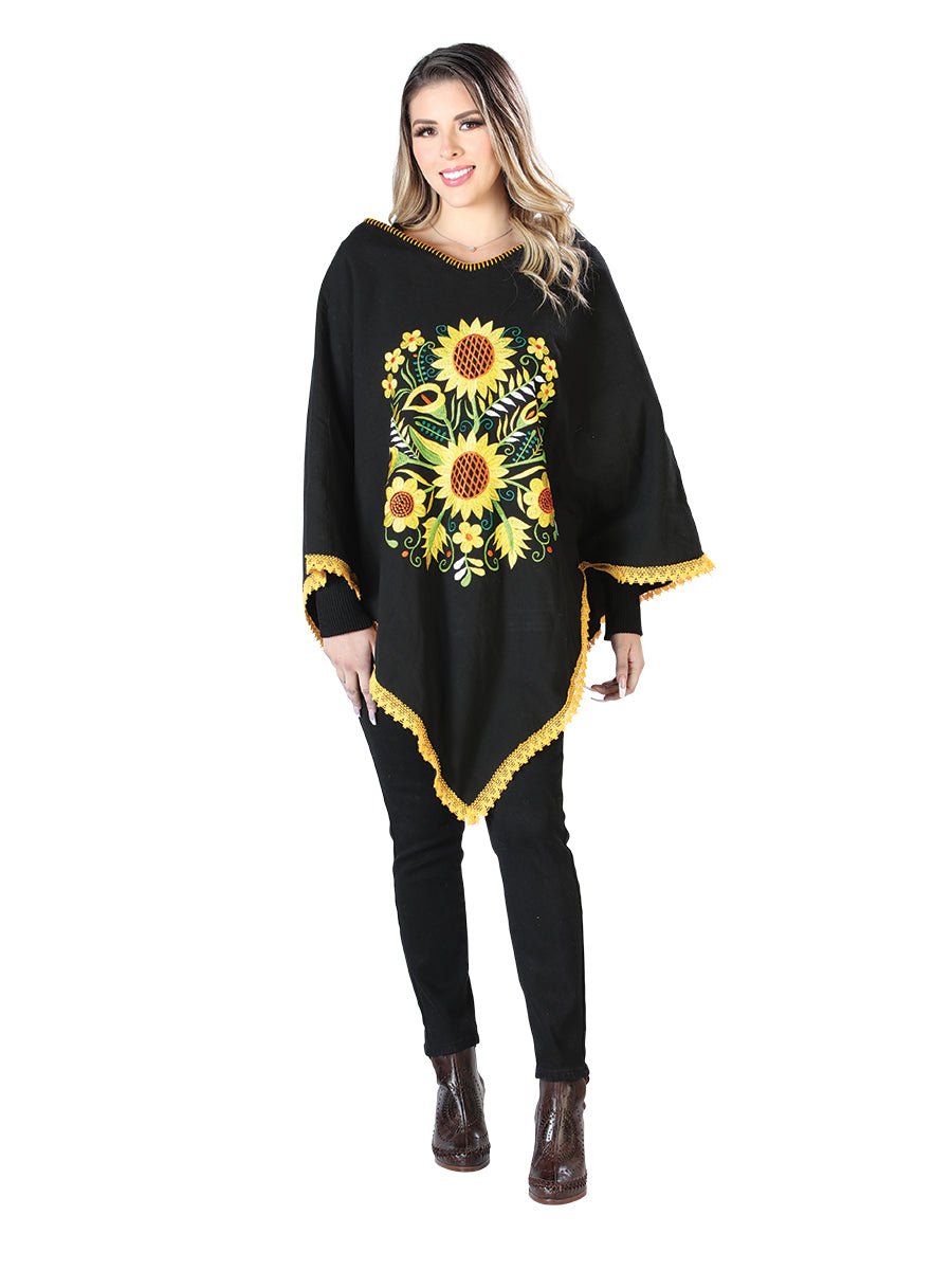 Artisanal Embroidered Poncho 50% Cotton, 50% Polyester Black 603827 - BELLEZA'S - Artisanal Embroidered Poncho 50% Cotton, 50% Polyester Black 603827 - DAMA - 60382701