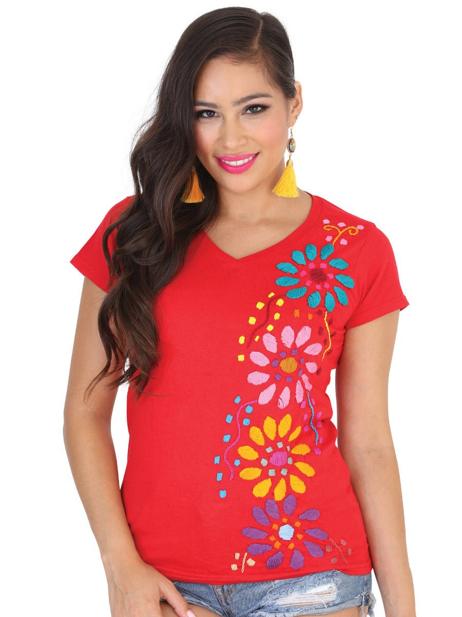 Artisanal Embroidered Sport T-Shirt 50% Cotton 50% Polyester Red 601988 - BELLEZA'S - Artisanal Embroidered Sport T-Shirt 50% Cotton 50% Polyester Red 601988 - DAMA - 60198801