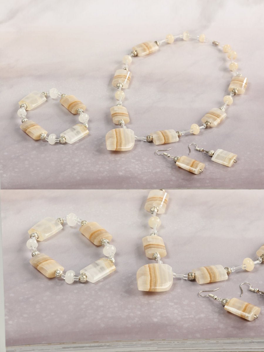 Artisanal Set Earrings - Necklace - Bracelet Onyx Stone Natural/Caramel 603144 - BELLEZA'S - Artisanal Set Earrings - Necklace - Bracelet Onyx Stone Natural/Caramel 603144 - Women's Earrings - 60314401