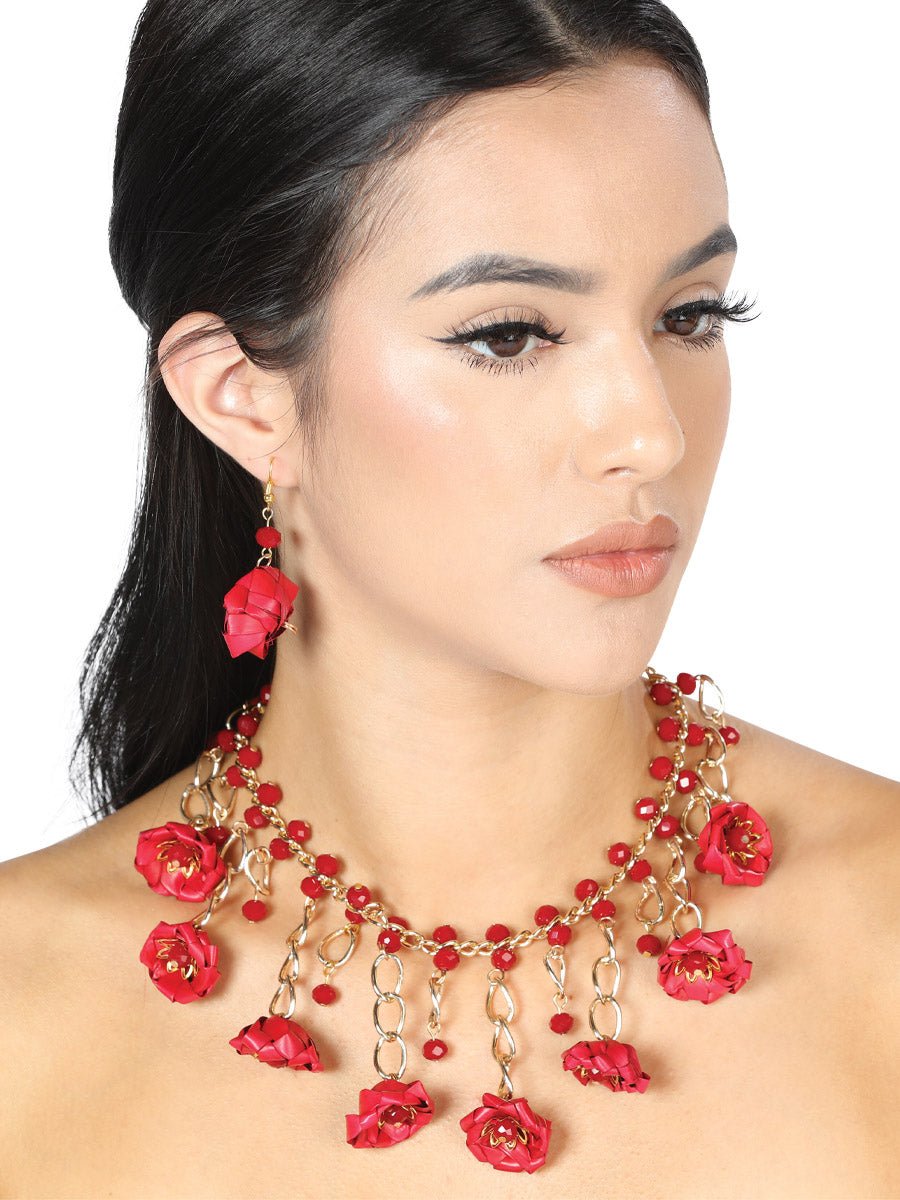 Artisanal Set Earrings - Necklace Palm - Silk Thread Red 603225 - BELLEZA'S - Artisanal Set Earrings - Necklace Palm - Silk Thread Red 603225 - Women's Earrings - 60322501