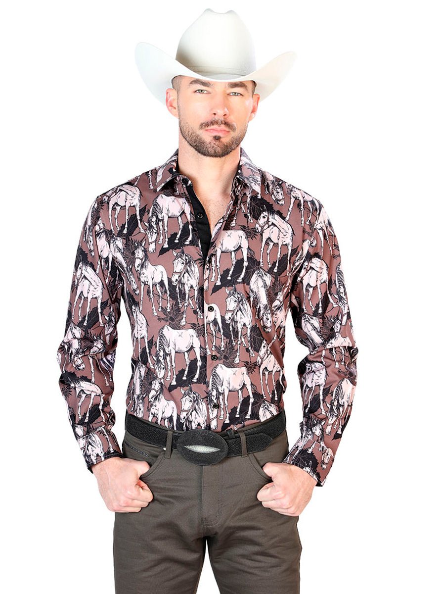 Black And Beige Horse Print Long Sleeve Shirt 43699 - BELLEZA'S - Black And Beige Horse Print Long Sleeve Shirt 43699 - CABALLERO - 04369901