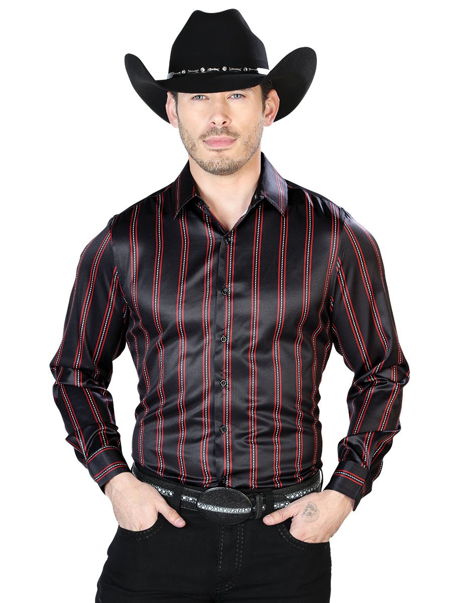 Black And Red Casual Long Sleeve Shirt 43922 - BELLEZA'S - Black And Red Casual Long Sleeve Shirt 43922 - Men - 04392201