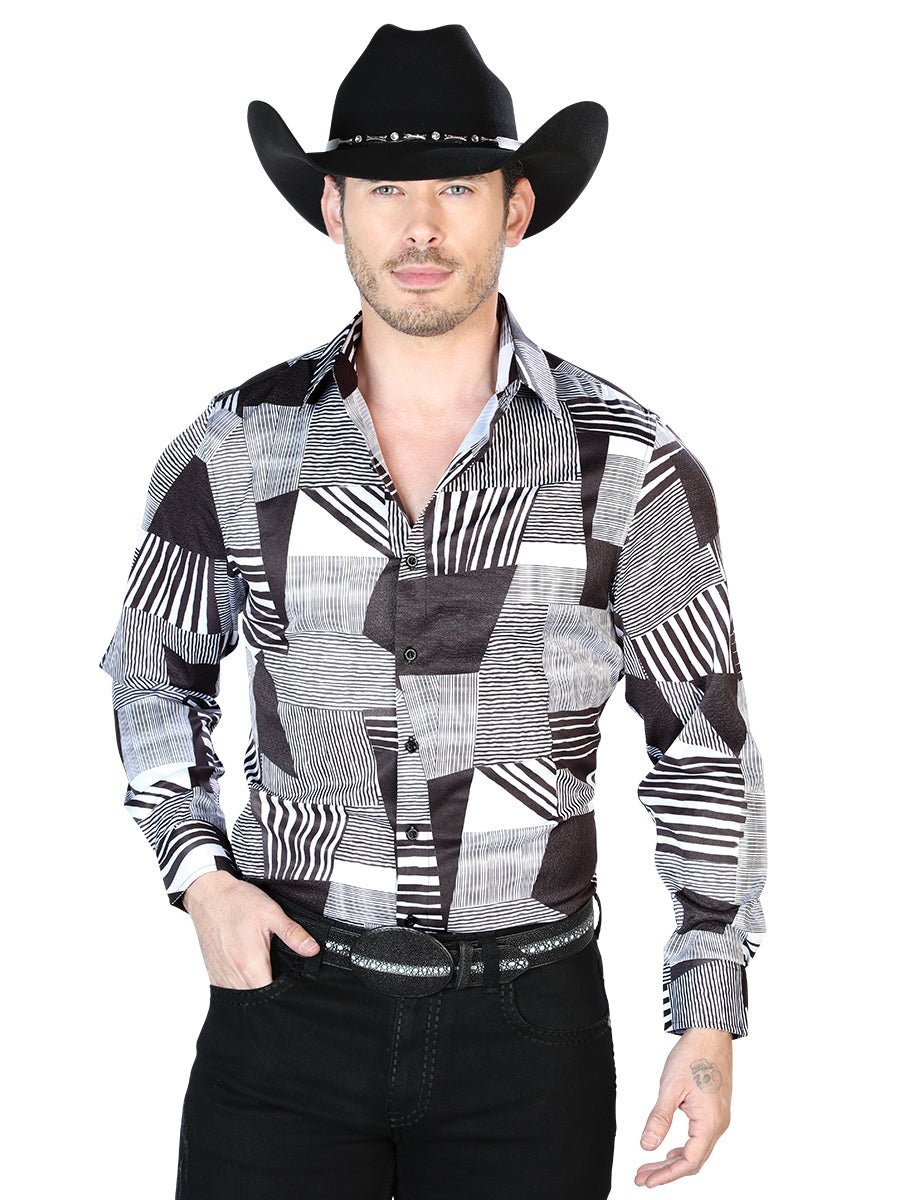 Black And White Casual Long Sleeve Shirt 43991 - BELLEZA'S - Black And White Casual Long Sleeve Shirt 43991 - Mens Shirt - 04399101