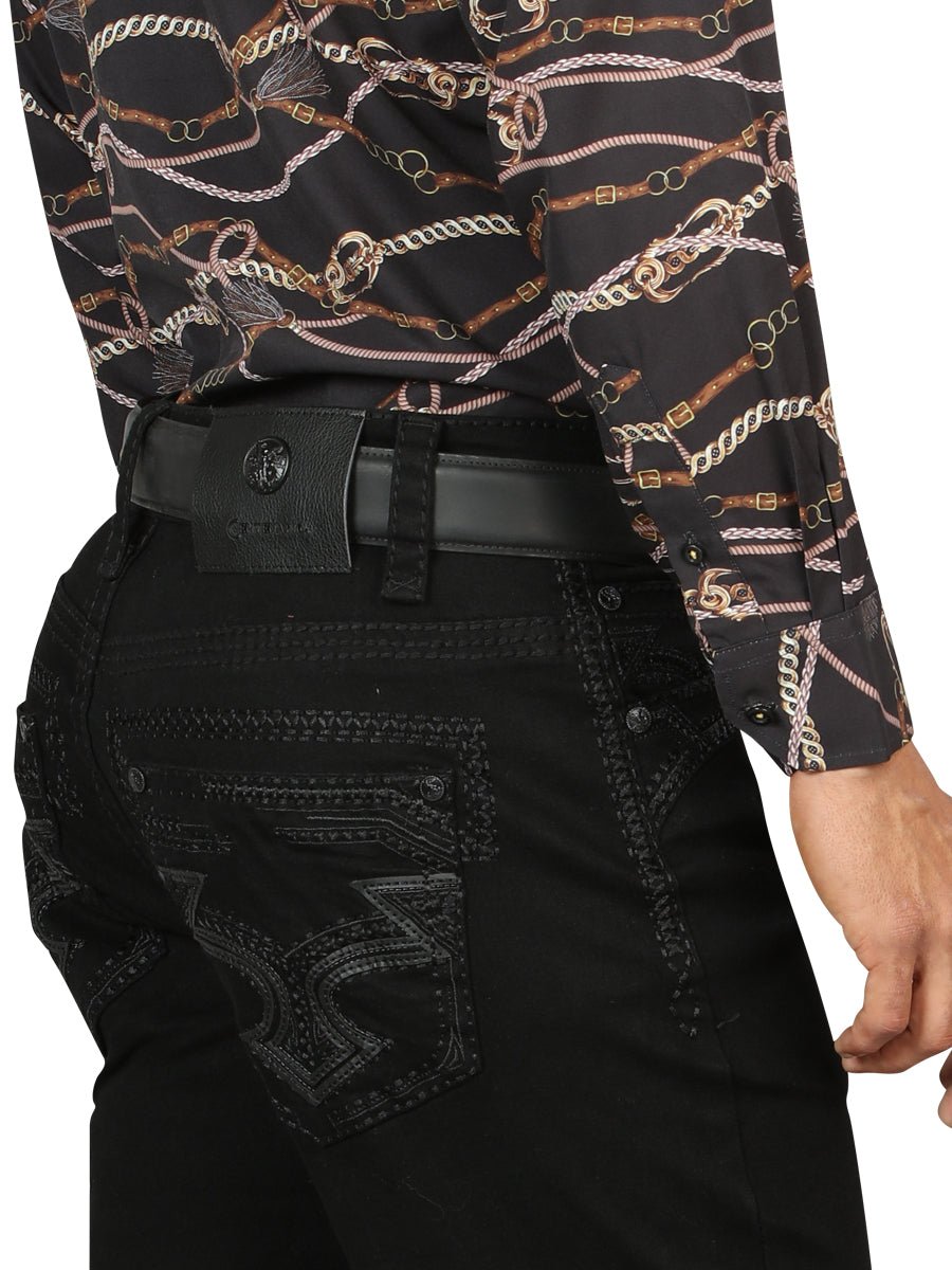 Centenario Men's Black Denim with Dark Embroidered Details 45312 - BELLEZA'S - Centenario Men's Black Denim with Dark Embroidered Details 45312 - Men's Pants - 04531201