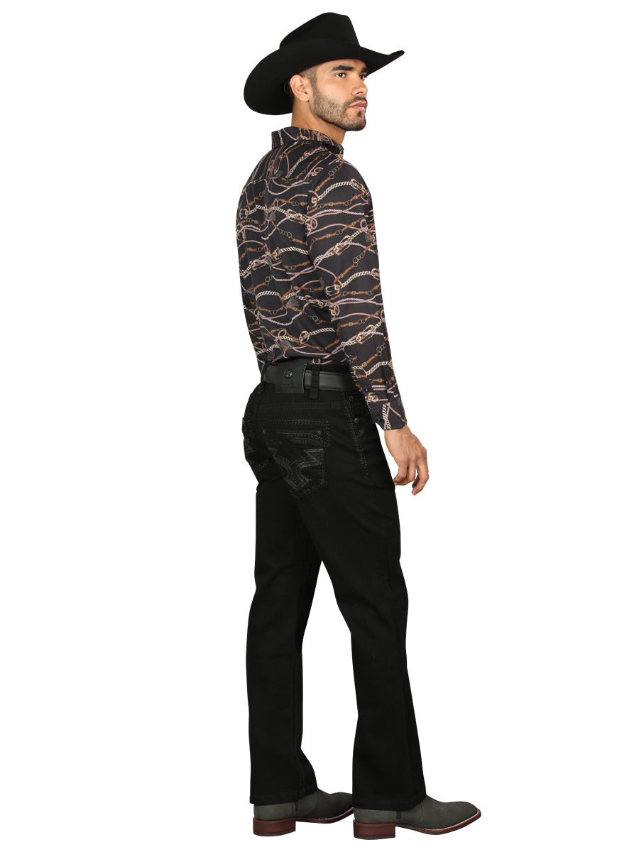 Centenario Men's Black Denim with Dark Embroidered Details 45312 - BELLEZA'S - Centenario Men's Black Denim with Dark Embroidered Details 45312 - Men's Pants - 04531201