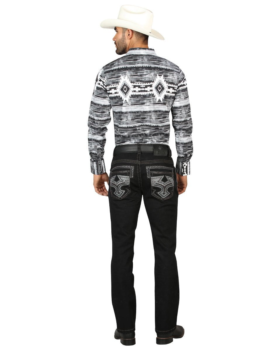 Centenario Men's Black Denim with Gray Embroidered Details 45311 - BELLEZA'S - Centenario Men's Black Denim with Gray Embroidered Details 45311 - Men's Pants - 04531101