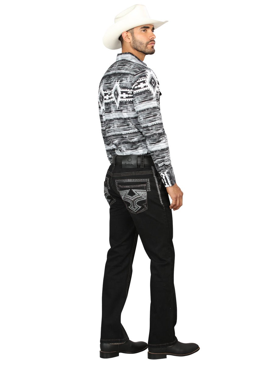 Centenario Men's Black Denim with Gray Embroidered Details 45311 - BELLEZA'S - Centenario Men's Black Denim with Gray Embroidered Details 45311 - Men's Pants - 04531101