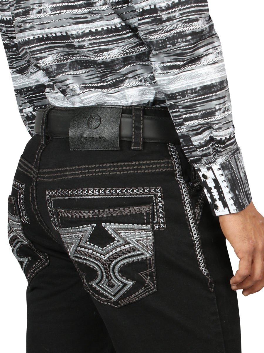 Centenario Men's Black Denim with Gray Embroidered Details 45311 - BELLEZA'S - Centenario Men's Black Denim with Gray Embroidered Details 45311 - Men's Pants - 04531101