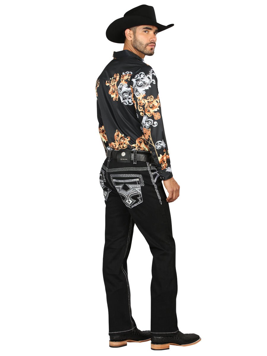 Centenario Men's Black Denim with White/Gray Embroidered Details 45310 - BELLEZA'S - Centenario Men's Black Denim with White/Gray Embroidered Details 45310 - Men's Pants - 04531001