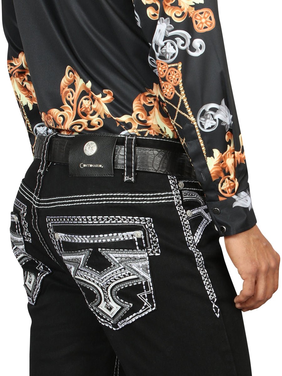 Centenario Men's Black Denim with White/Gray Embroidered Details 45310 - BELLEZA'S - Centenario Men's Black Denim with White/Gray Embroidered Details 45310 - Men's Pants - 04531001