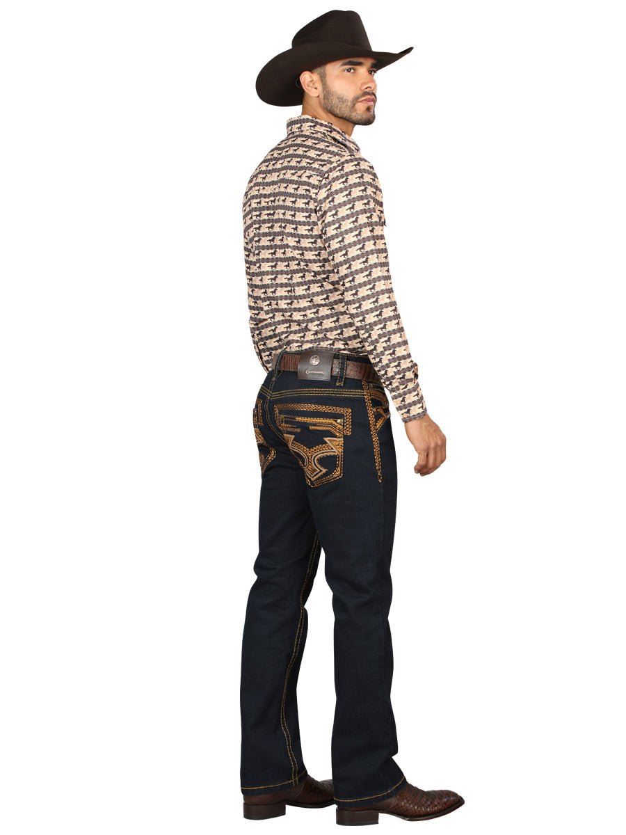Centenario Men's Rinse Blue Denim with Gold Embroidered Details 45313 - BELLEZA'S - Centenario Men's Rinse Blue Denim with Gold Embroidered Details 45313 - Men's Pants - 04531301