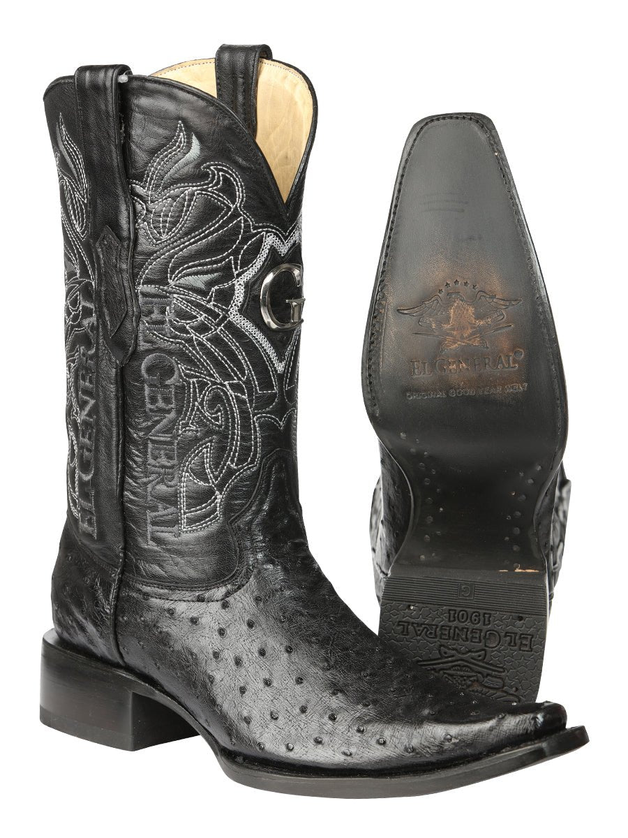 El General Men's Exotic Ostrich Leather Cowboy Boots - Black 45075 - BELLEZA'S - El General Men's Exotic Ostrich Leather Cowboy Boots - Black 45075 - CABALLERO - 04507501