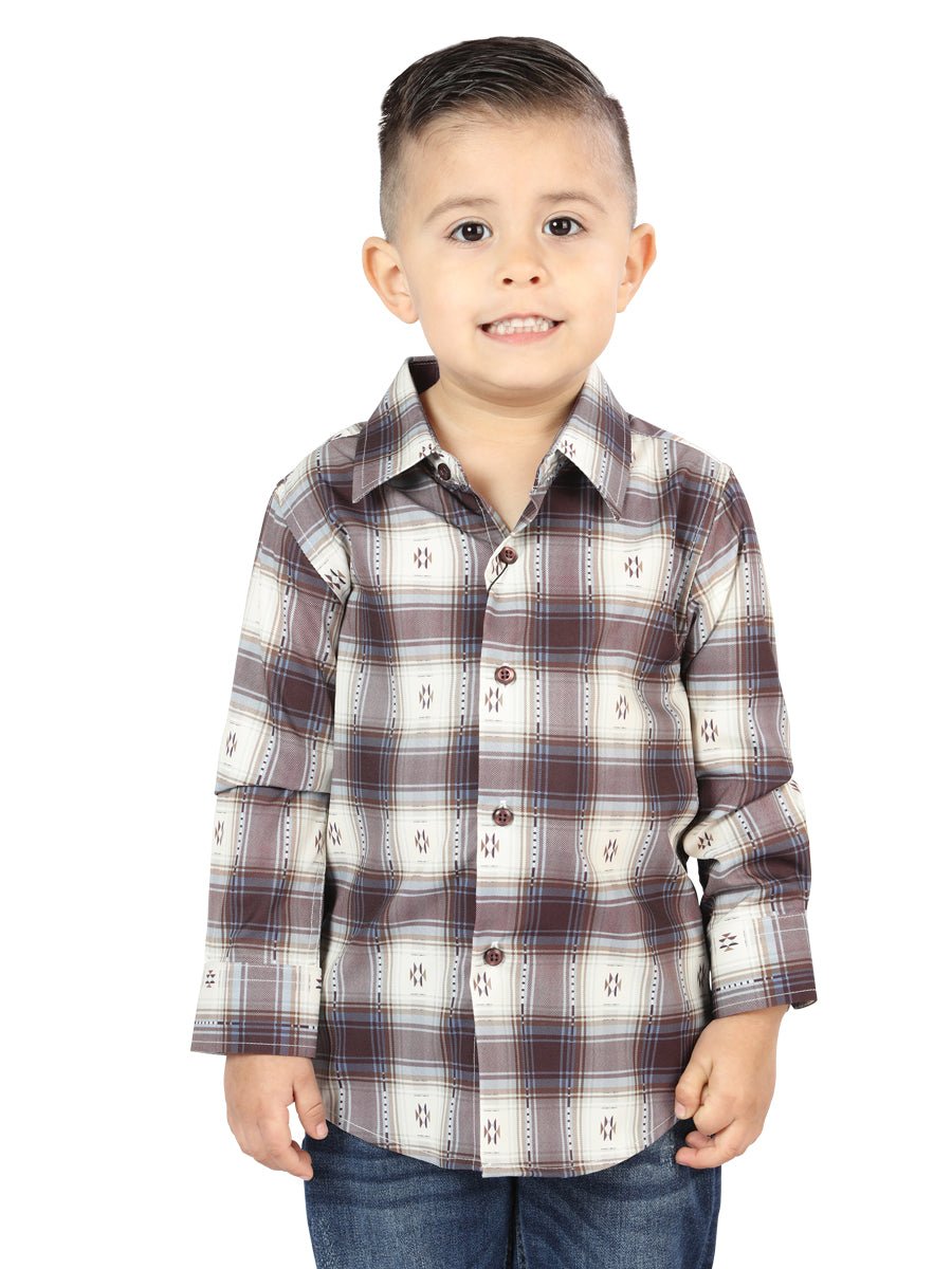 Kid's Beige/Burgundy Plaid Print Long Sleeve Western Shirt 'El Señor de los Cielos' 44747 - BELLEZA'S - Kid's Beige/Burgundy Plaid Print Long Sleeve Western Shirt 'El Señor de los Cielos' 44747 - Kid's Shirts - 04474701