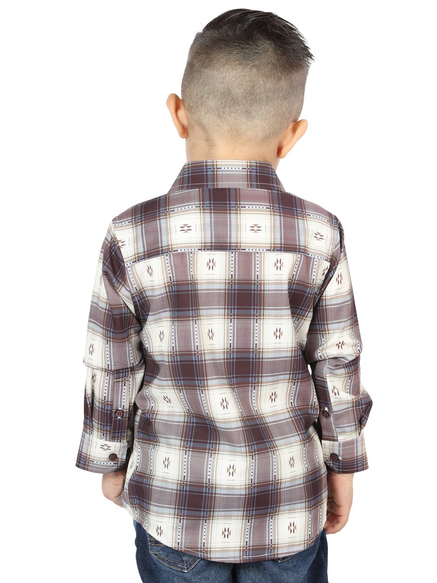 Kid's Beige/Burgundy Plaid Print Long Sleeve Western Shirt 'El Señor de los Cielos' 44747 - BELLEZA'S - Kid's Beige/Burgundy Plaid Print Long Sleeve Western Shirt 'El Señor de los Cielos' 44747 - Kid's Shirts - 04474701