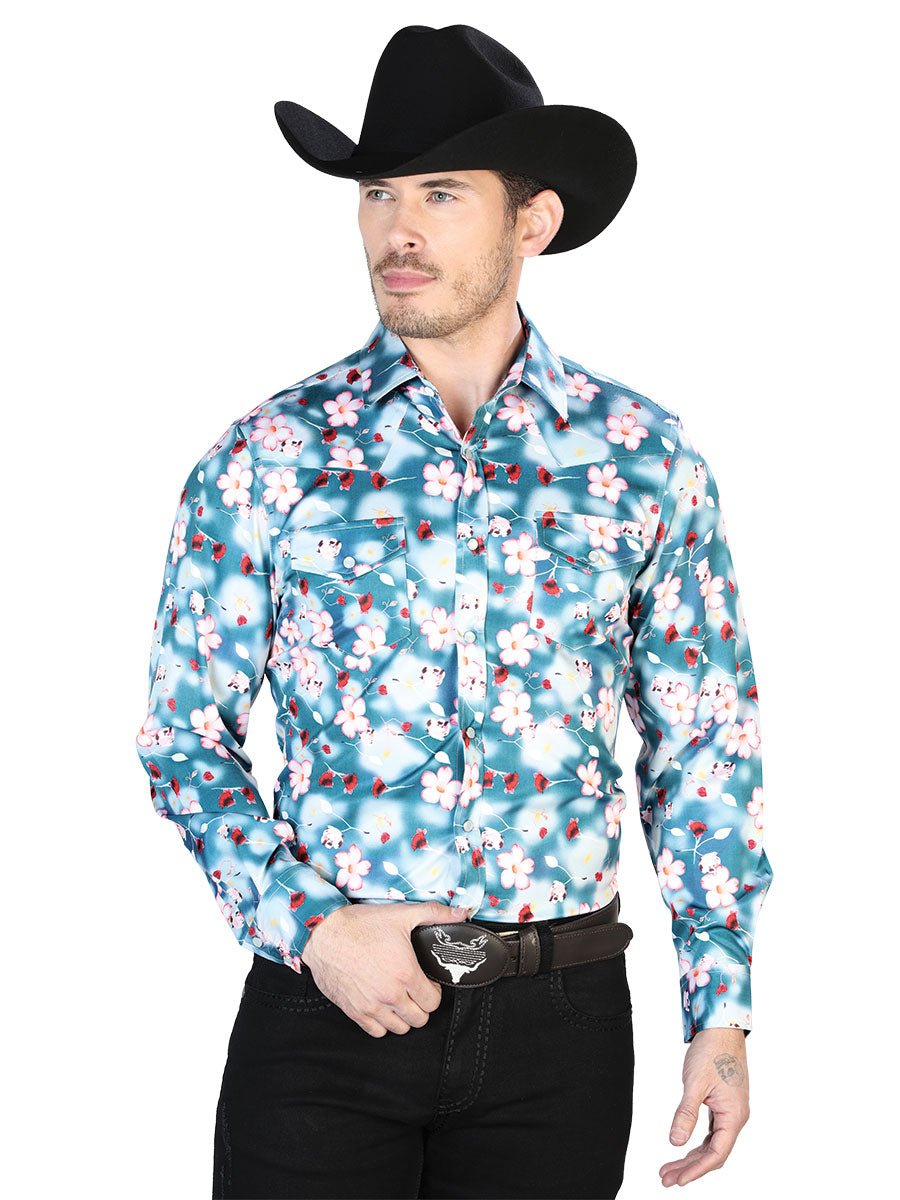Men's Aqua Flowers Printed Long Sleeve Western Shirt 'El Señor de los Cielos' 43943 - BELLEZA'S - Men's Aqua Flowers Printed Long Sleeve Western Shirt 'El Señor de los Cielos' 43943 - Men's Shirt - 04394301