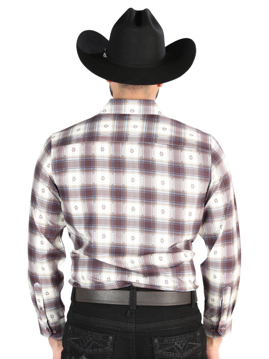 Men's Beige/Burgundy Casual Print Long Sleeve Western Shirt 'El Señor de los Cielos' 44713 - BELLEZA'S - Men's Beige/Burgundy Casual Print Long Sleeve Western Shirt 'El Señor de los Cielos' 44713 - Men's Shirt - 04471301