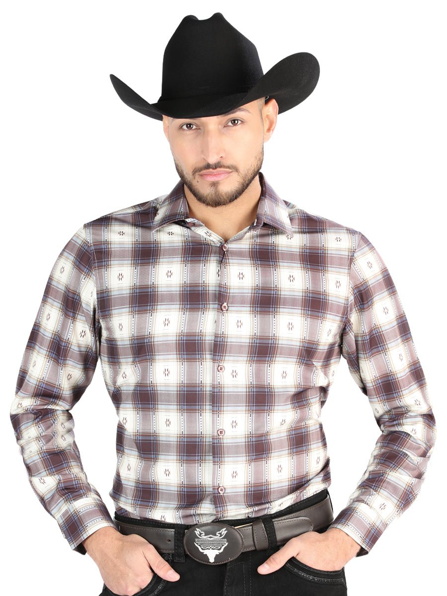 Men's Beige/Burgundy Casual Print Long Sleeve Western Shirt 'El Señor de los Cielos' 44713 - BELLEZA'S - Men's Beige/Burgundy Casual Print Long Sleeve Western Shirt 'El Señor de los Cielos' 44713 - Men's Shirt - 04471301