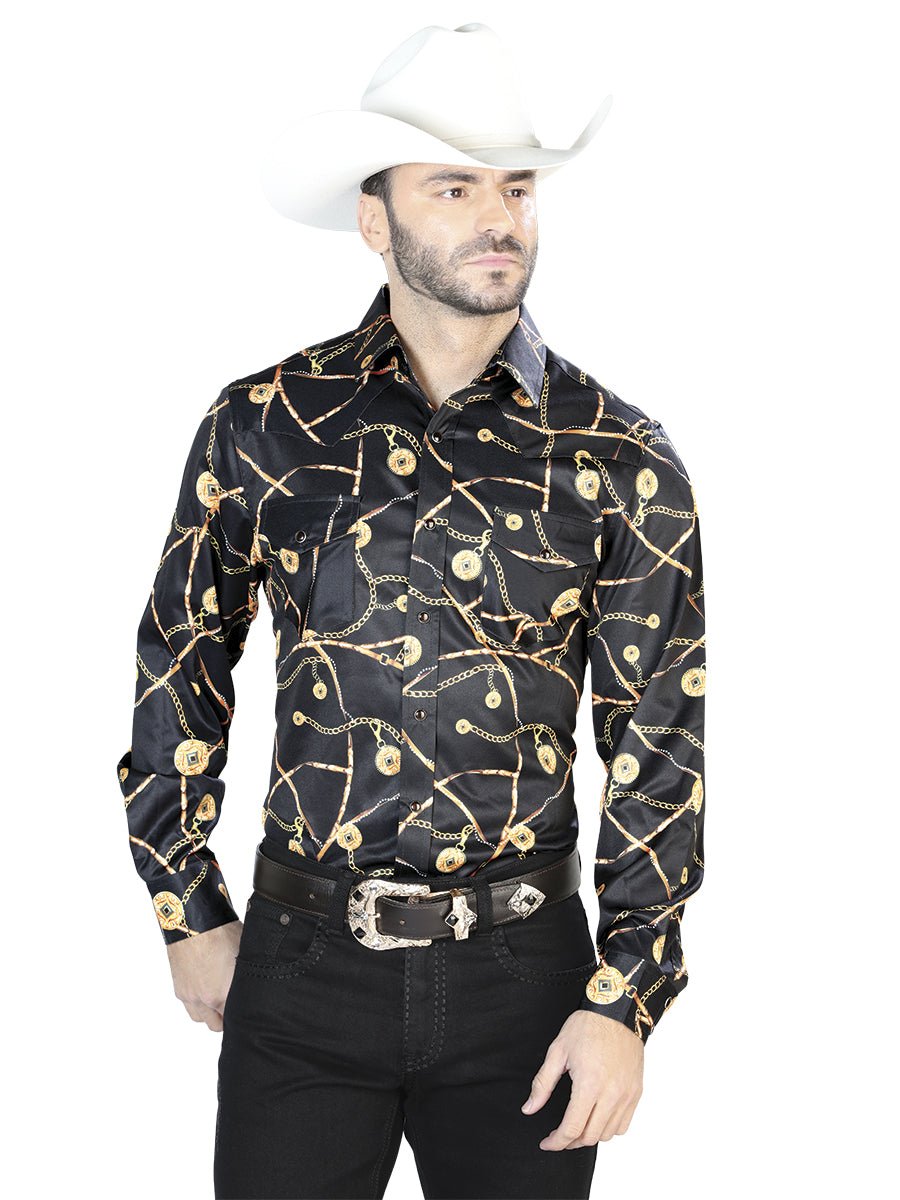 Men's Black Print Casual Long Sleeve Snap Western Shirt 'El Señor de los Cielos' 44087 - BELLEZA'S - Men's Black Print Casual Long Sleeve Snap Western Shirt 'El Señor de los Cielos' 44087 - Men's Shirt - 04408701
