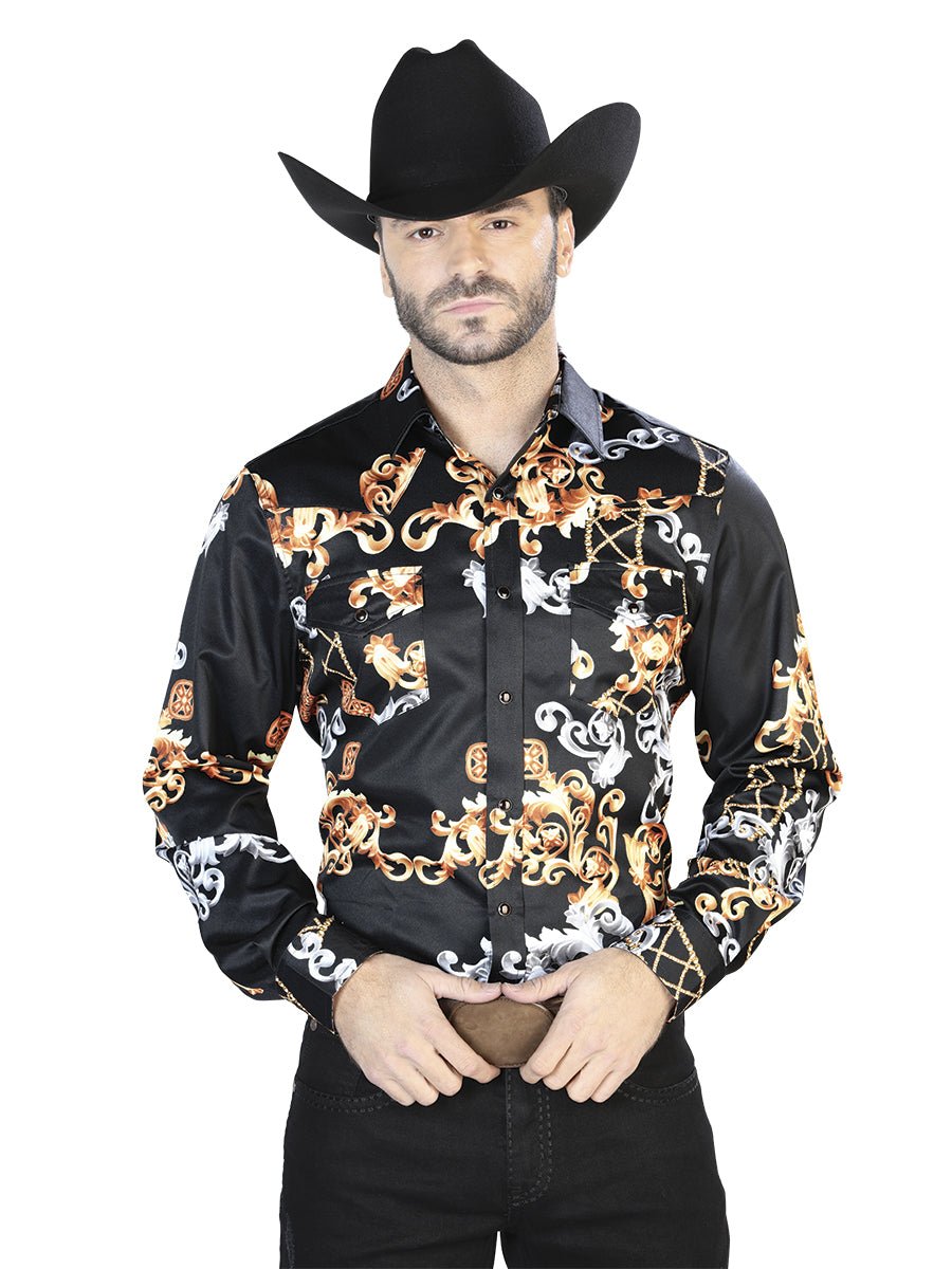 Men's Black/Gold Print Long Sleeve Western Shirt 'El Señor de los Cielos' 44085 - BELLEZA'S - Men's Black/Gold Print Long Sleeve Western Shirt 'El Señor de los Cielos' 44085 - Mens Shirt - 04408501