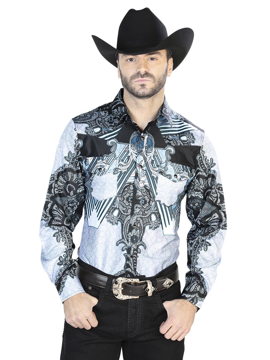 Men's Black/Gray Print Long Sleeve Snap Western Shirt 'El Señor de los Cielos' 44095 - BELLEZA'S - Men's Black/Gray Print Long Sleeve Snap Western Shirt 'El Señor de los Cielos' 44095 - Men's Shirt - 04409501