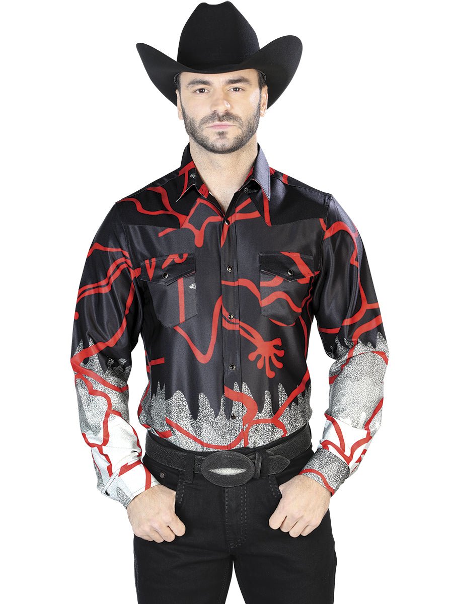Men's Black/Red Printed Long Sleeve Western Shirt 'El Señor de los Cielos' 44074 - BELLEZA'S - Men's Black/Red Printed Long Sleeve Western Shirt 'El Señor de los Cielos' 44074 - Mens Shirt - 04407401