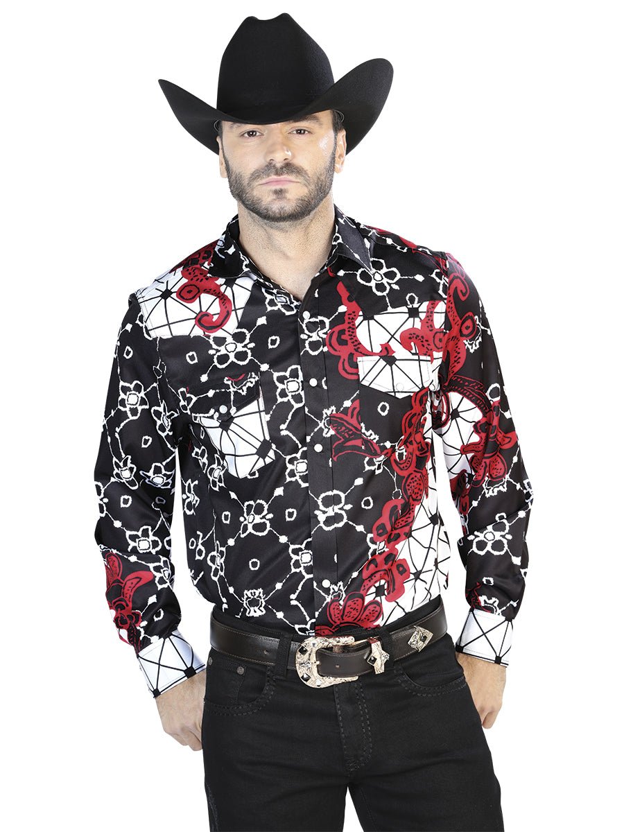 Men's Black/RedPrinted Long Sleeve Western Shirt 'El Señor de los Cielos' 44076 - BELLEZA'S - Men's Black/RedPrinted Long Sleeve Western Shirt 'El Señor de los Cielos' 44076 - Mens Shirt - 04407601