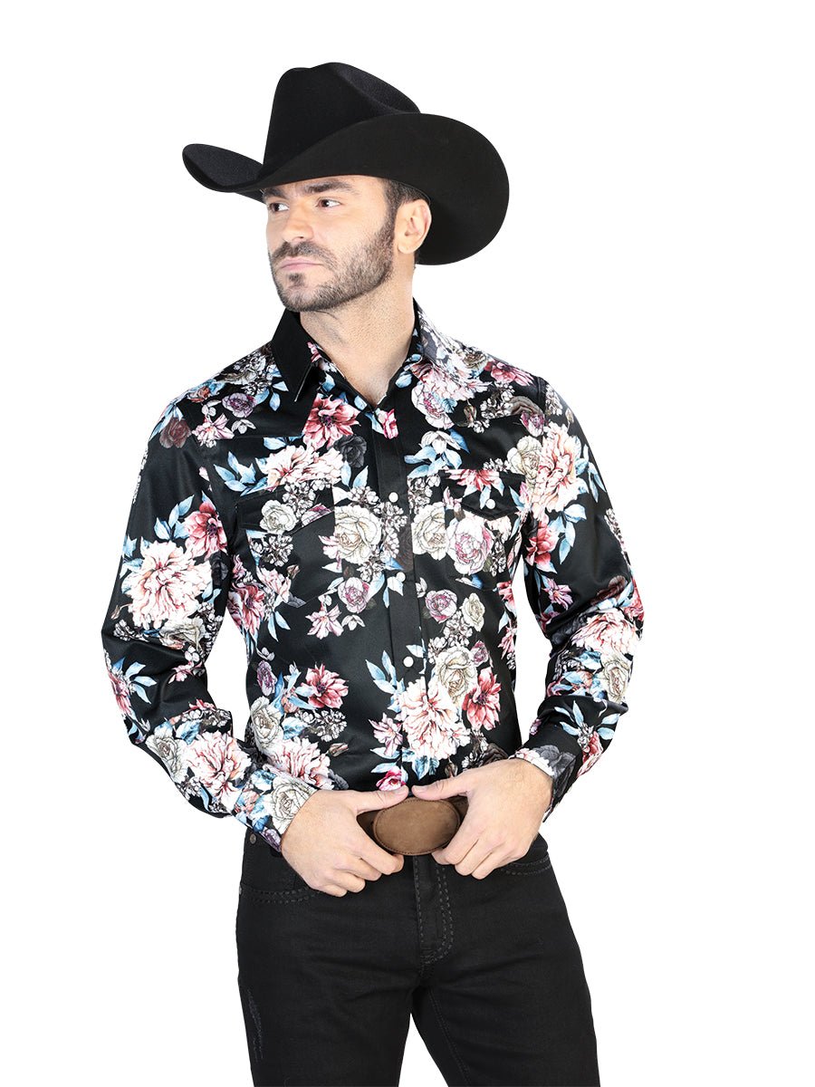 Men's Black/Roses Floral Print Long Sleeve Snap Western Shirt 'El Señor de los Cielos' 44111 - BELLEZA'S - Men's Black/Roses Floral Print Long Sleeve Snap Western Shirt 'El Señor de los Cielos' 44111 - Men's Shirt - 04411101