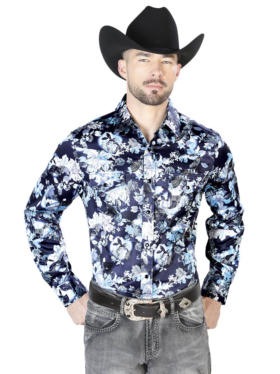 Men's Blue Flower Printed Long Sleeve Western Shirt 'El Señor de los Cielos' 43958 - BELLEZA'S - Men's Blue Flower Printed Long Sleeve Western Shirt 'El Señor de los Cielos' 43958 - Men's Shirt - 04395801