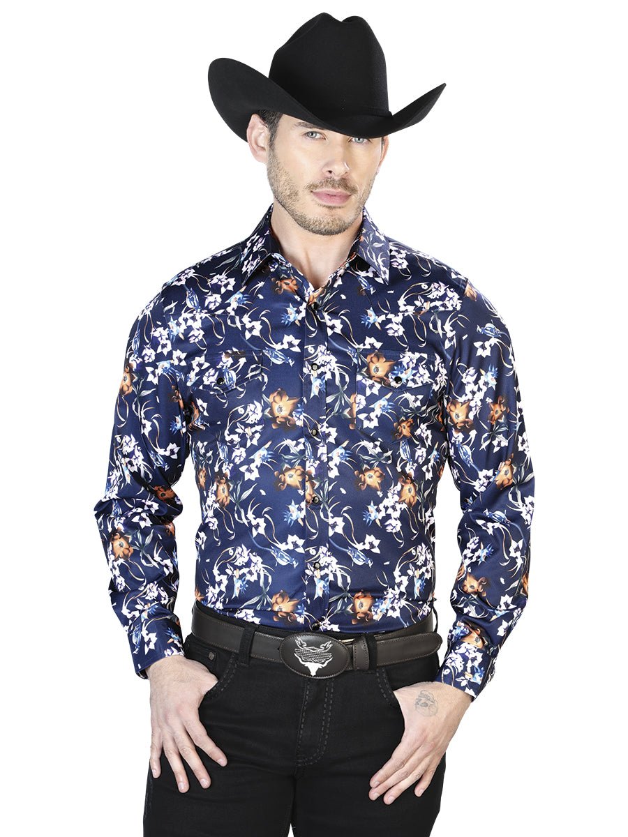 Men's Blue Flowers Printed Long Sleeve Western Shirt 'El Señor de los Cielos' 43957 - BELLEZA'S - Men's Blue Flowers Printed Long Sleeve Western Shirt 'El Señor de los Cielos' 43957 - Men's Shirt - 04395701