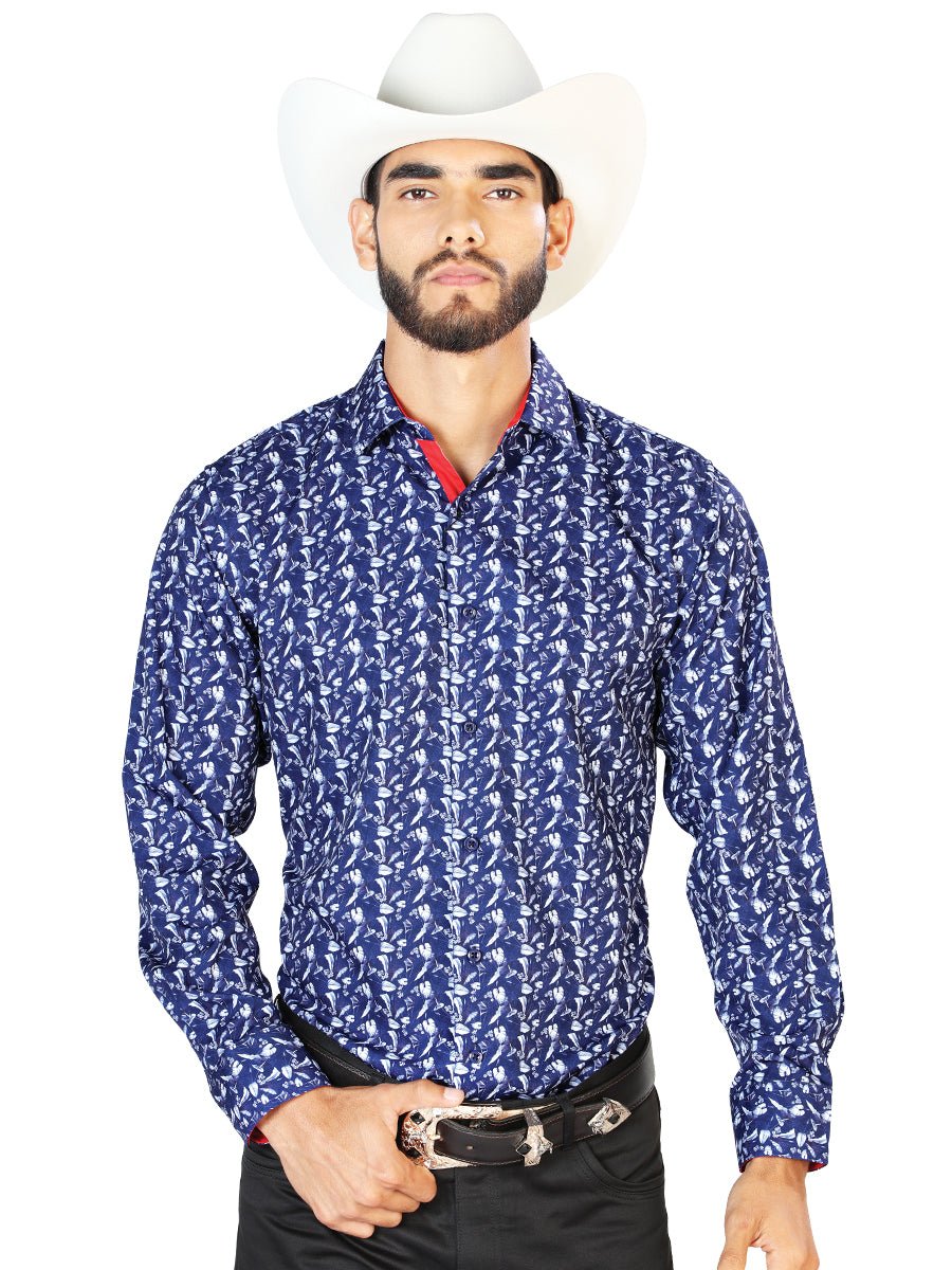 Men's Blue Print Long Sleeve Western Shirt 'El Señor de los Cielos' 126261 - BELLEZA'S - Men's Blue Print Long Sleeve Western Shirt 'El Señor de los Cielos' 126261 - Men's Shirt - 12626101