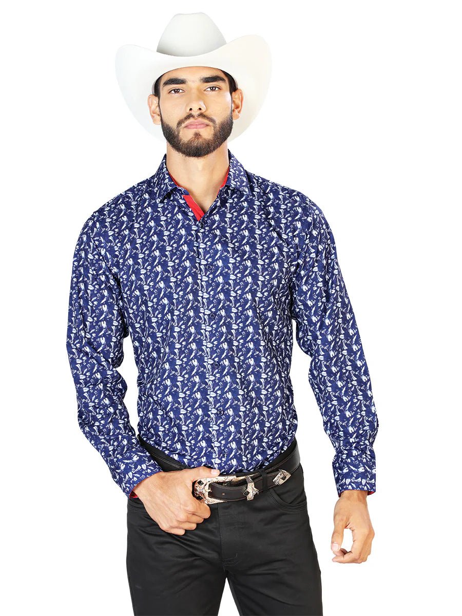 Men's Blue Print Long Sleeve Western Shirt 'El Señor de los Cielos' 126261 - BELLEZA'S - Men's Blue Print Long Sleeve Western Shirt 'El Señor de los Cielos' 126261 - Men's Shirt - 12626101