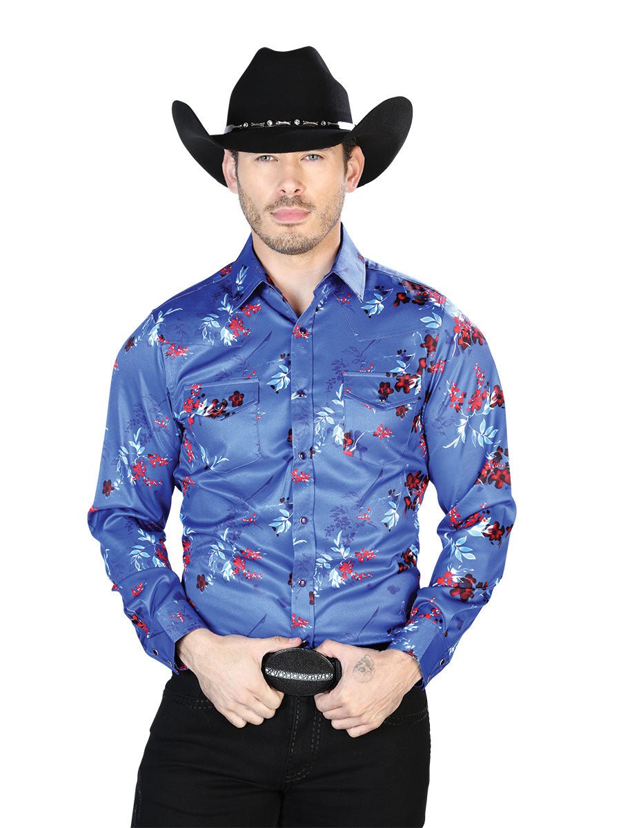 Men's Blue Printed Long Sleeve Western Shirt 'El Señor de los Cielos' 43942 - BELLEZA'S - Men's Blue Printed Long Sleeve Western Shirt 'El Señor de los Cielos' 43942 - Men's Shirt - 04394201