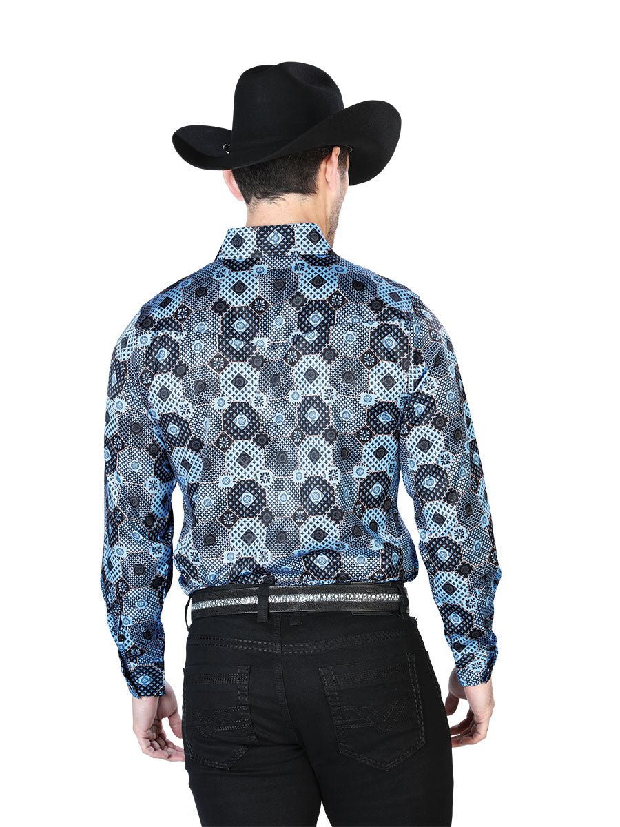 Men's Blue Printed Long Sleeve Western Shirt 'El Señor de los Cielos' 43963 - BELLEZA'S - Men's Blue Printed Long Sleeve Western Shirt 'El Señor de los Cielos' 43963 - Men's Shirt - 04396301