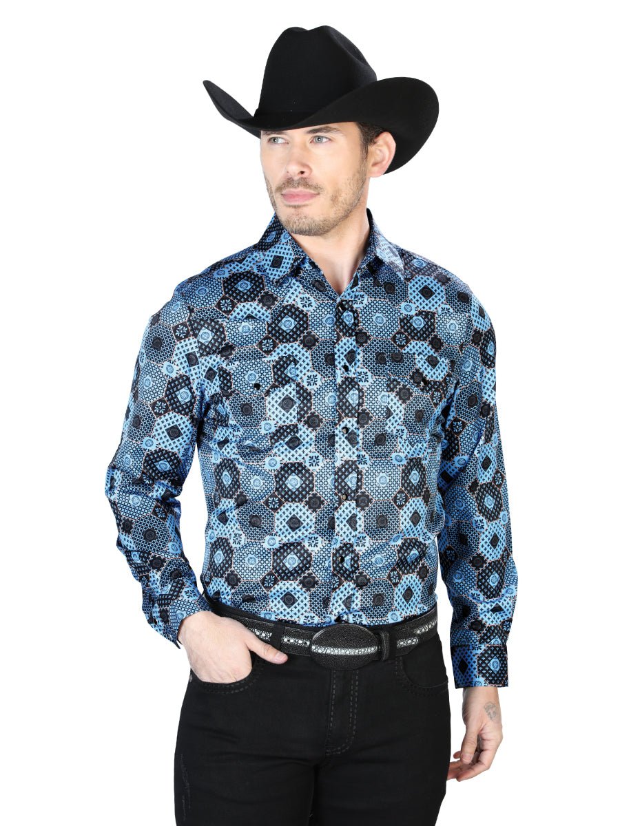 Men's Blue Printed Long Sleeve Western Shirt 'El Señor de los Cielos' 43963 - BELLEZA'S - Men's Blue Printed Long Sleeve Western Shirt 'El Señor de los Cielos' 43963 - Men's Shirt - 04396301