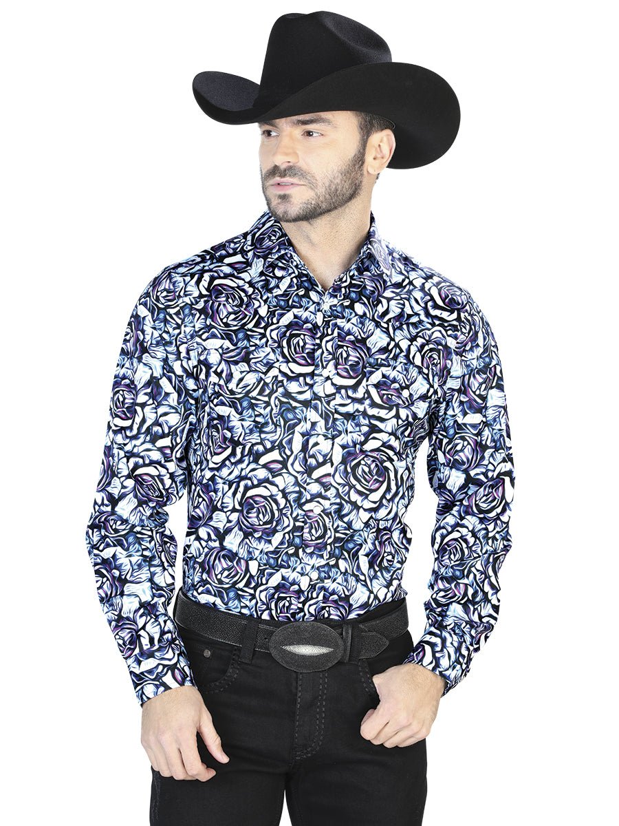 Men's Blue Rose Printed Long Sleeve Western Shirt 'El Señor de los Cielos' 44069 - BELLEZA'S - Men's Blue Rose Printed Long Sleeve Western Shirt 'El Señor de los Cielos' 44069 - Mens Shirt - 04406901