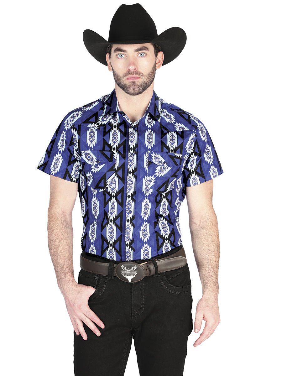 Men's Blue Short Sleeve Shirt Western Cowboy El Señor De Los Cielos 44460 - BELLEZA'S - Men's Blue Short Sleeve Shirt Western Cowboy El Señor De Los Cielos 44460 - Men's Shirt - 04446001