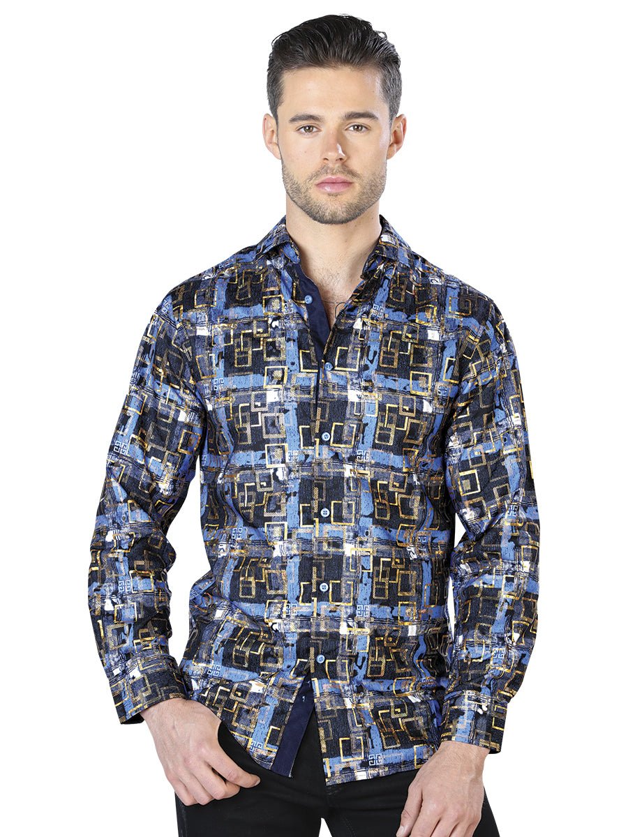 Men's Blue/Gold Printed Long Sleeve Western Shirt 'El Señor de los Cielos' 44012 - BELLEZA'S - Men's Blue/Gold Printed Long Sleeve Western Shirt 'El Señor de los Cielos' 44012 - Mens Shirt - 04401201