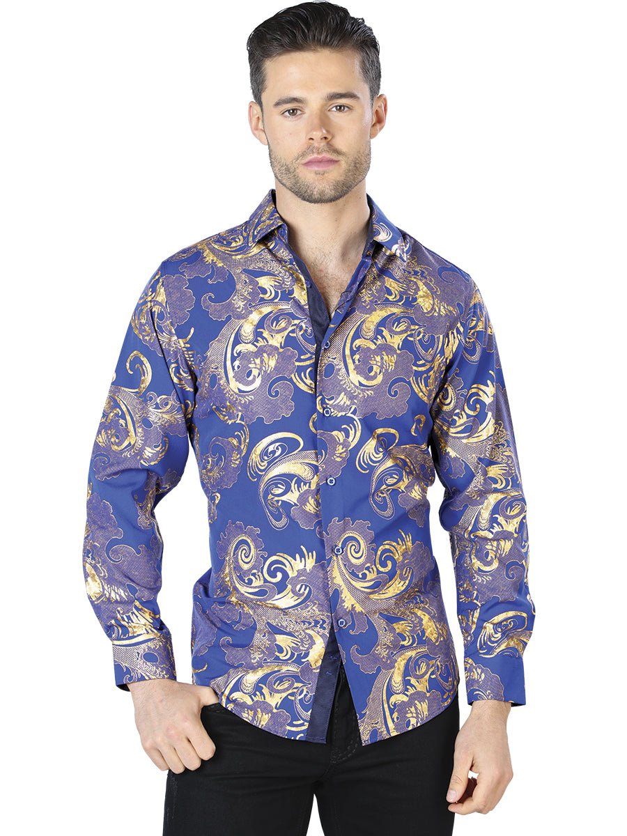 Men's Blue/Gold Printed Long Sleeve Western Shirt 'El Señor de los Cielos' 44042 - BELLEZA'S - Men's Blue/Gold Printed Long Sleeve Western Shirt 'El Señor de los Cielos' 44042 - Mens Shirt - 04404201