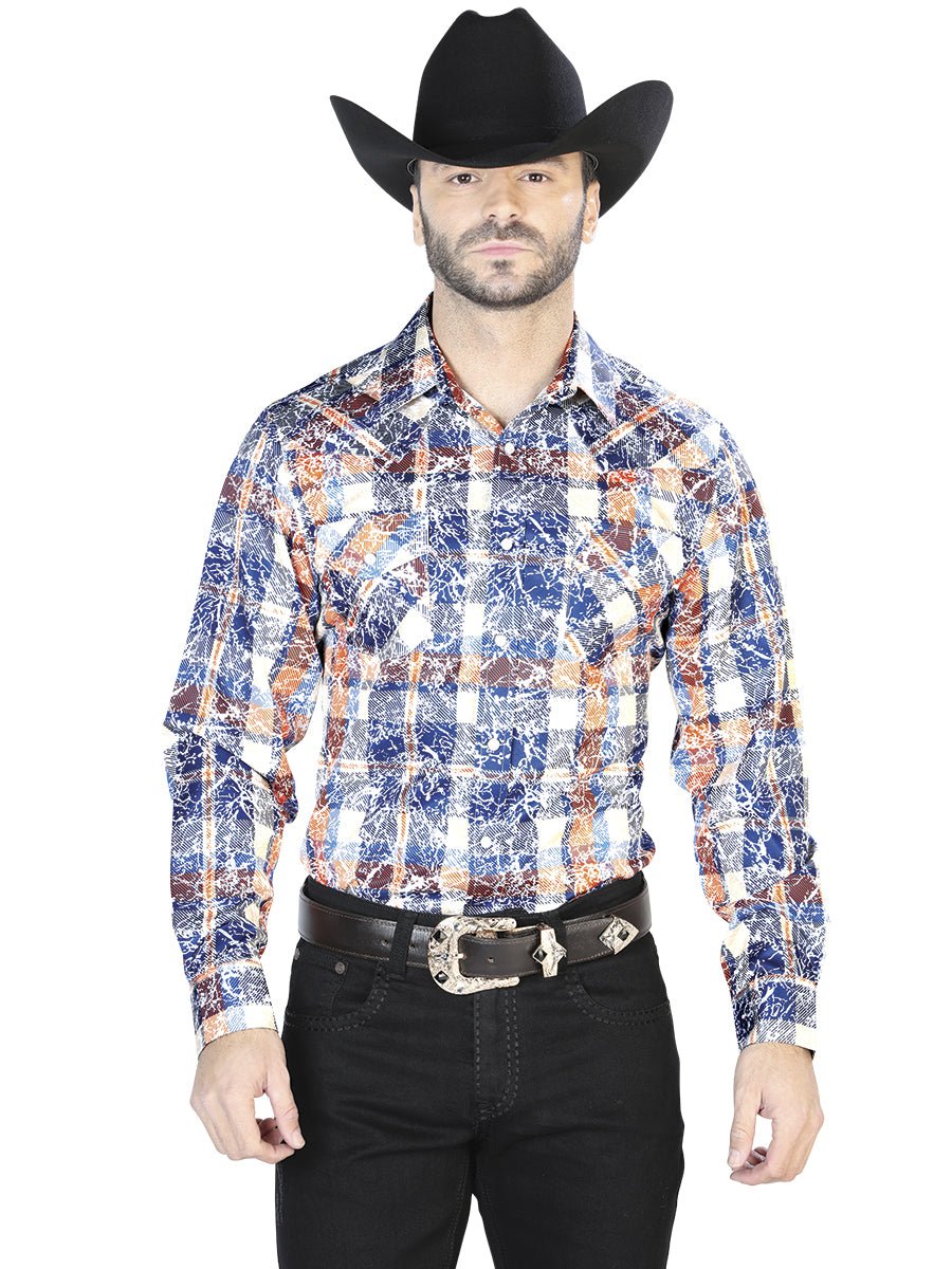 Men's Blue/Orange Plaid Print Long Sleeve Snap Western Shirt 'El Señor de los Cielos' 44063 - BELLEZA'S - Men's Blue/Orange Plaid Print Long Sleeve Snap Western Shirt 'El Señor de los Cielos' 44063 - Men's Shirt - 04406301